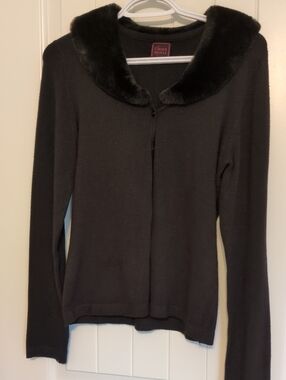 Chico's Black Faux-Fur Collar Button-Front Cardigan